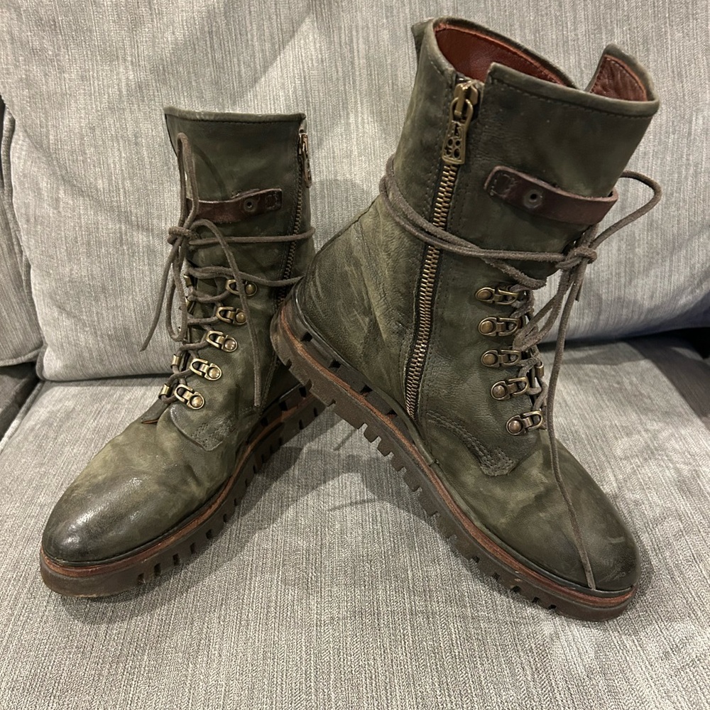 A.S.98 Olive Green Leather Lace-Up Ankle Boots with Brown Strap - Picture 7 of 7